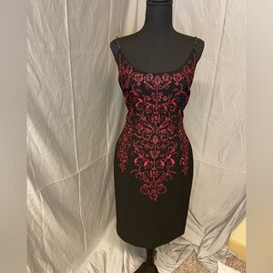 Maggy London Black Dress with Red Embroidered Floral Design and Beaded Straps